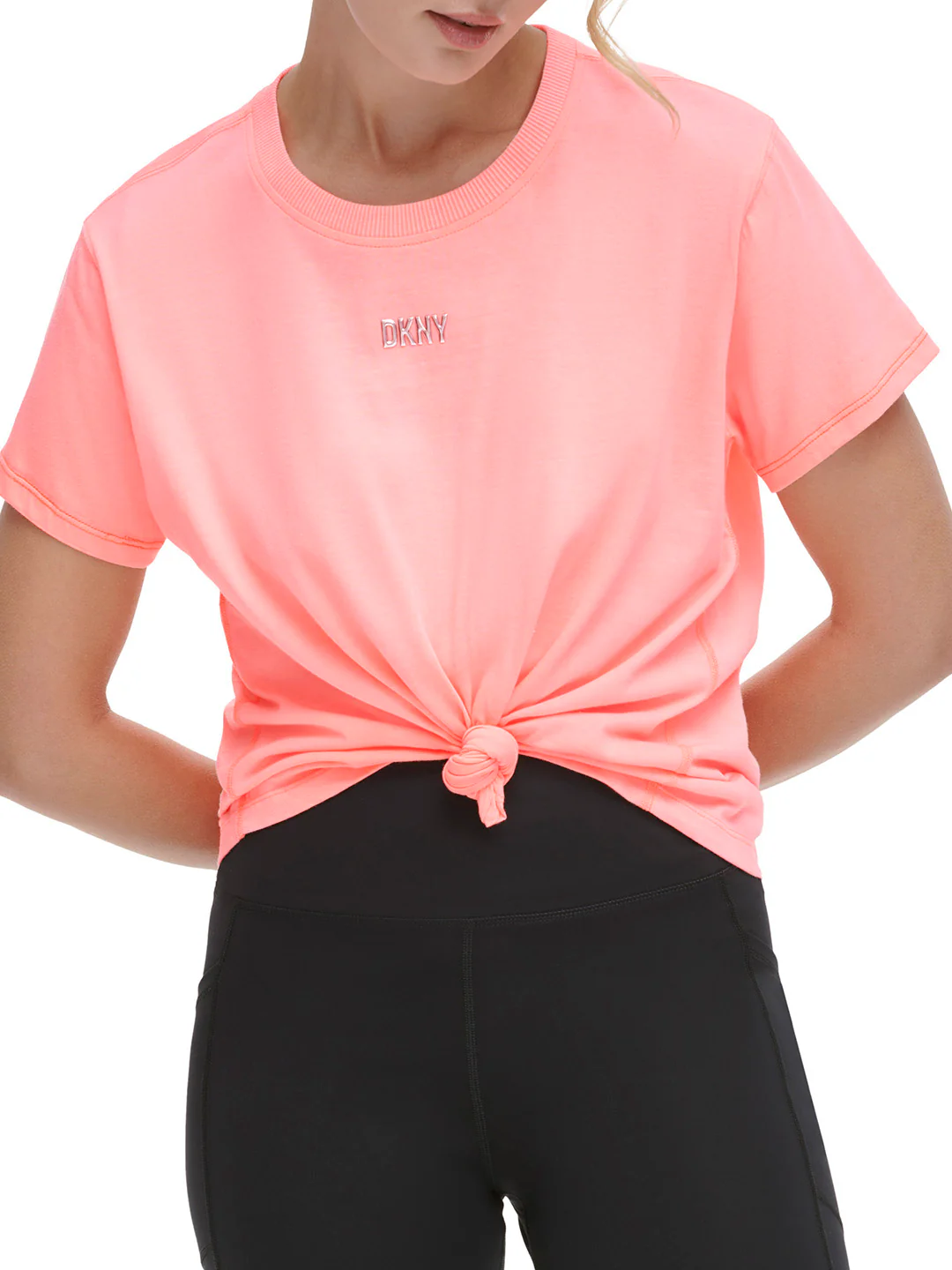 DKNY Women Pink Solid Round Neck Short Sleeves Top - Image 4