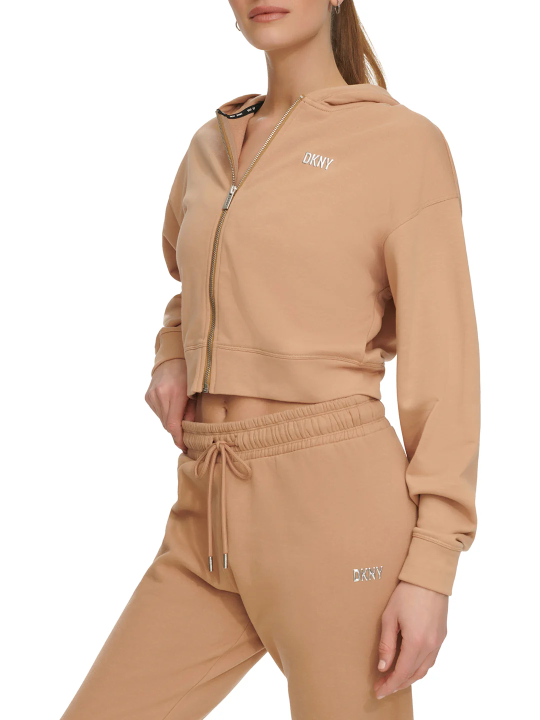 Dkny Women Brown Solid Hooded Full Sleeves Zipped Sweatshirt - Image 2
