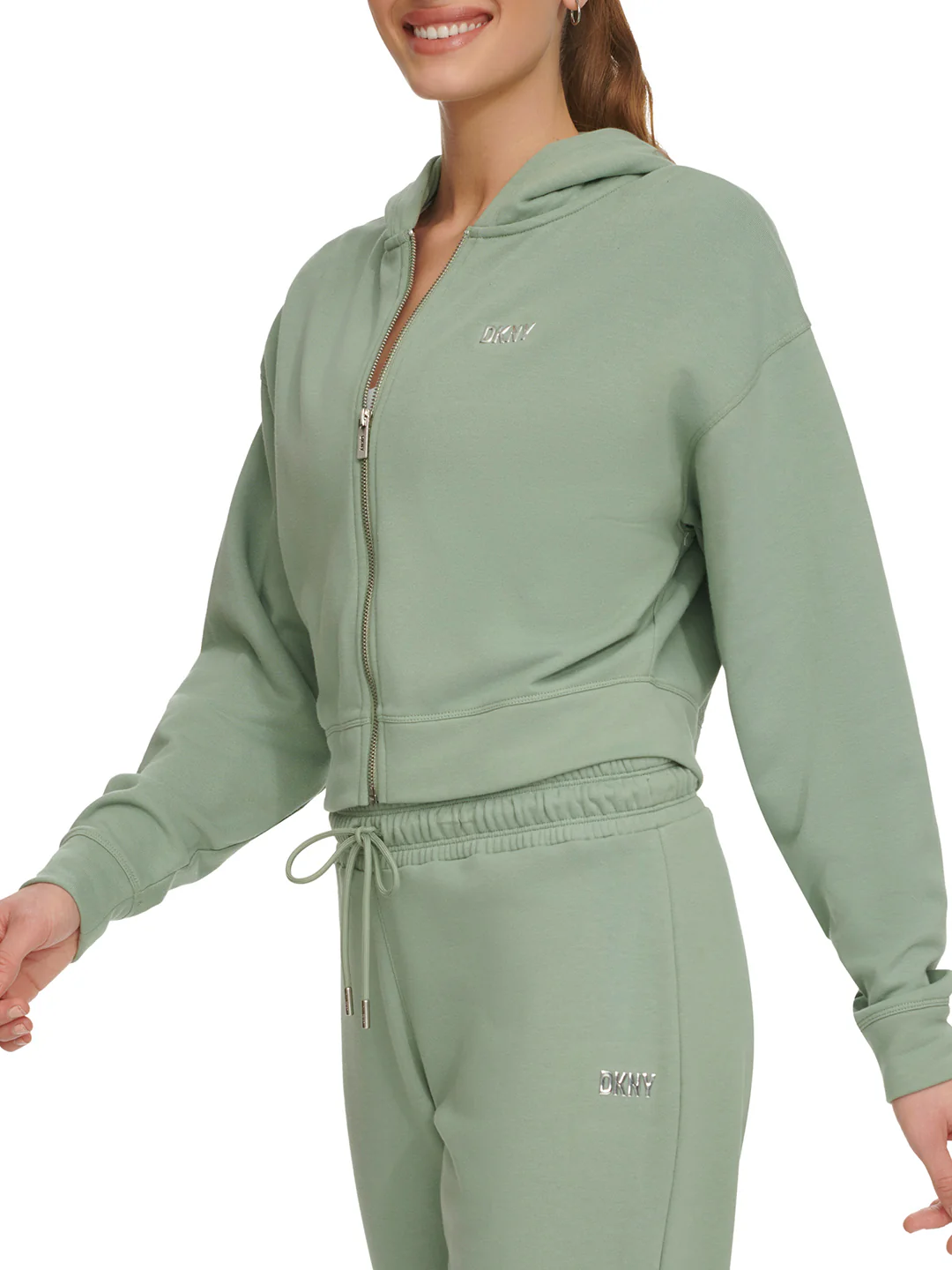 Dkny Women Green Solid Hooded Full Sleeves Zipped Sweatshirt - Image 4