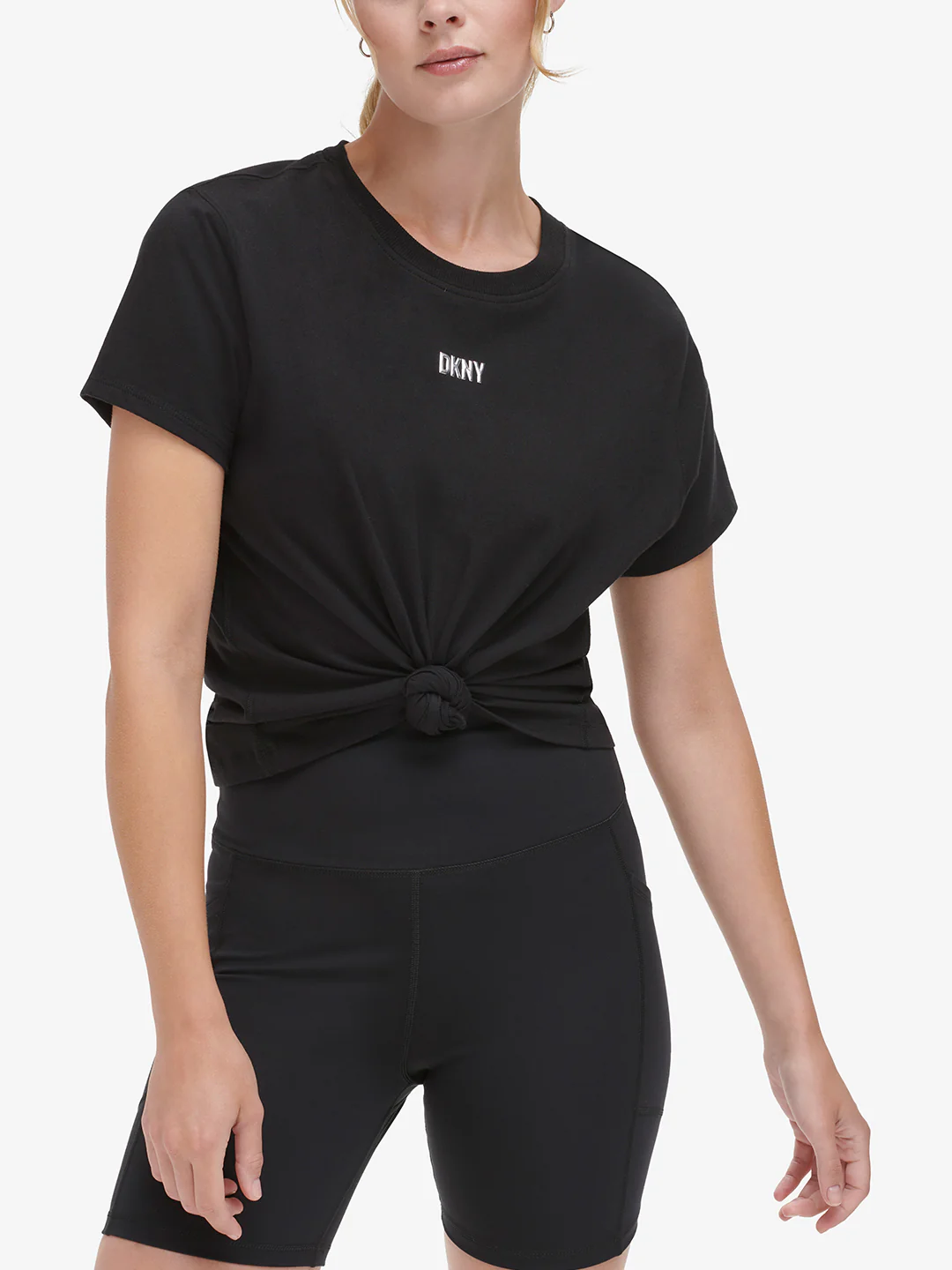 Dkny Women Black Solid Round Neck Short Sleeves Tshirt