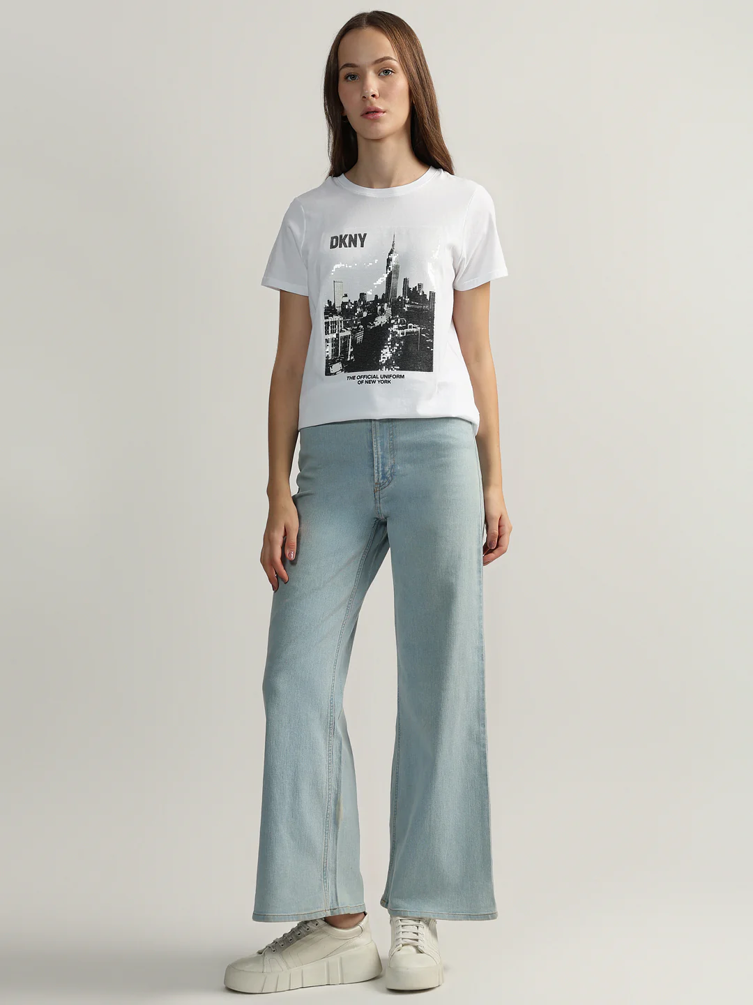 DKNY Women White Embellished Round Neck Short Sleeves Tshirt - Image 5