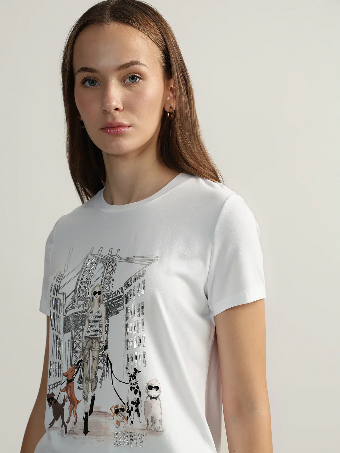 DKNY Women White Printed Round Neck Short Sleeves Tshirt - Image 2