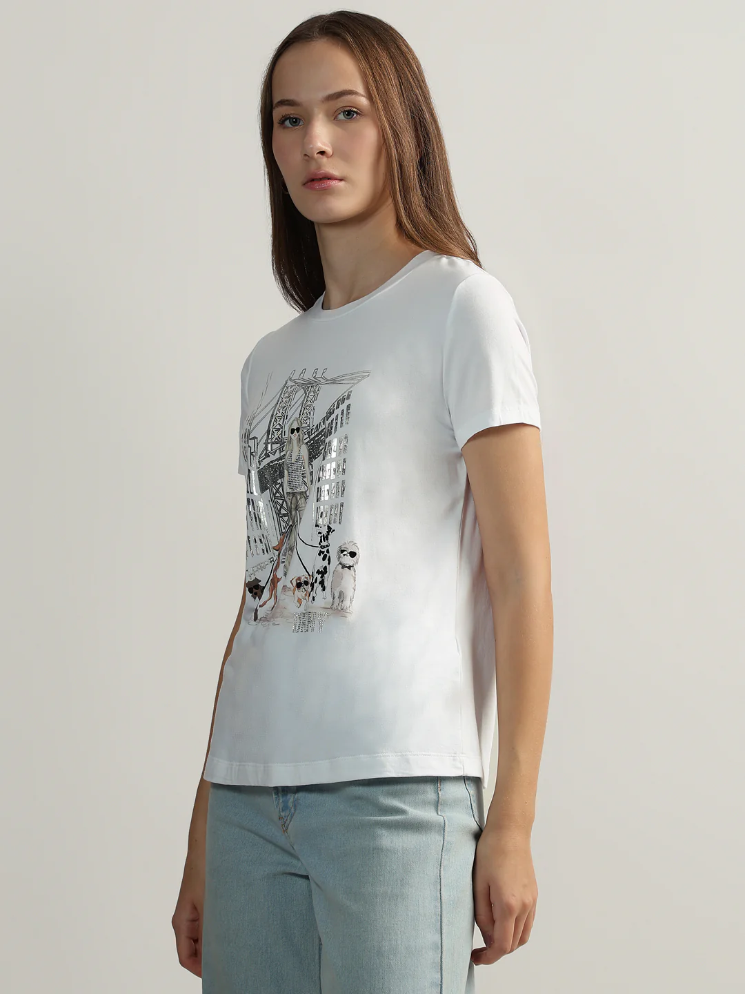 DKNY Women White Printed Round Neck Short Sleeves Tshirt - Image 3