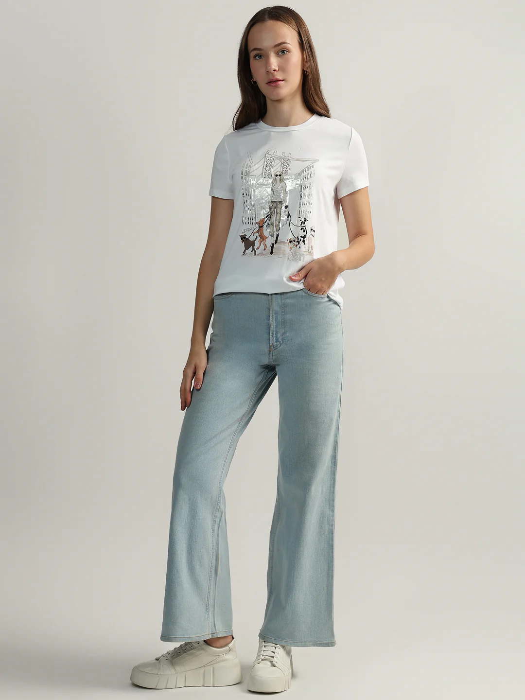 DKNY Women White Printed Round Neck Short Sleeves Tshirt - Image 5