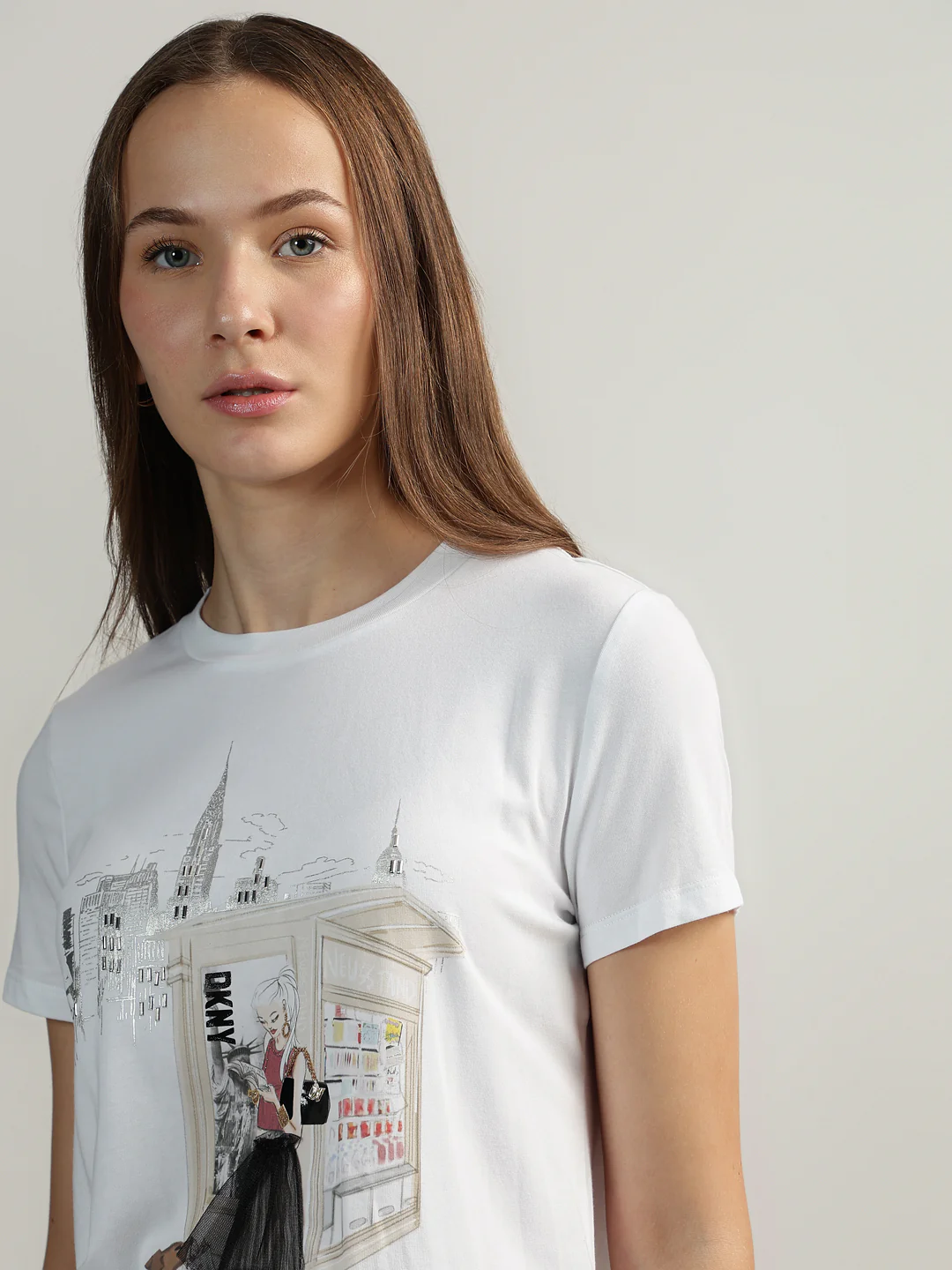 DKNY Women White Printed Round Neck Short Sleeves Tshirt - Image 2