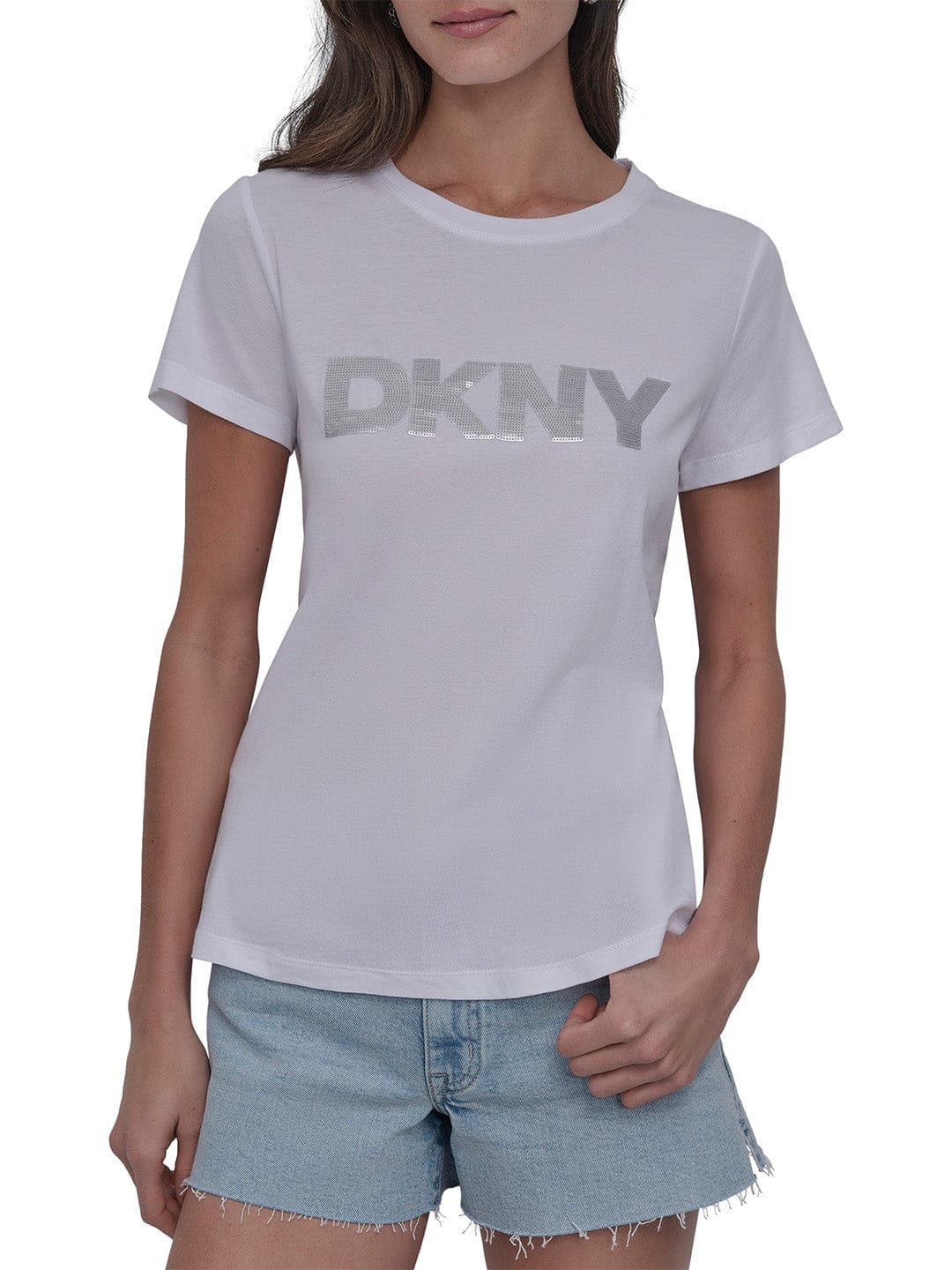 DKNY Women White Solid Round Neck Tshirt - Image 6