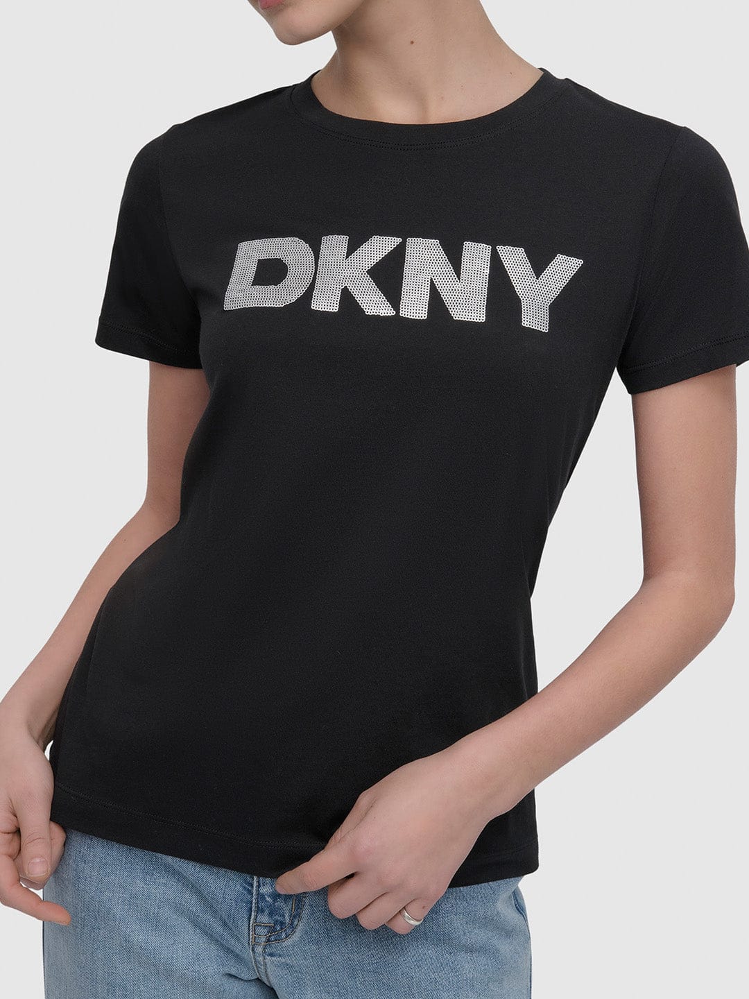 DKNY Women Black Solid Round Neck Tshirt - Image 5