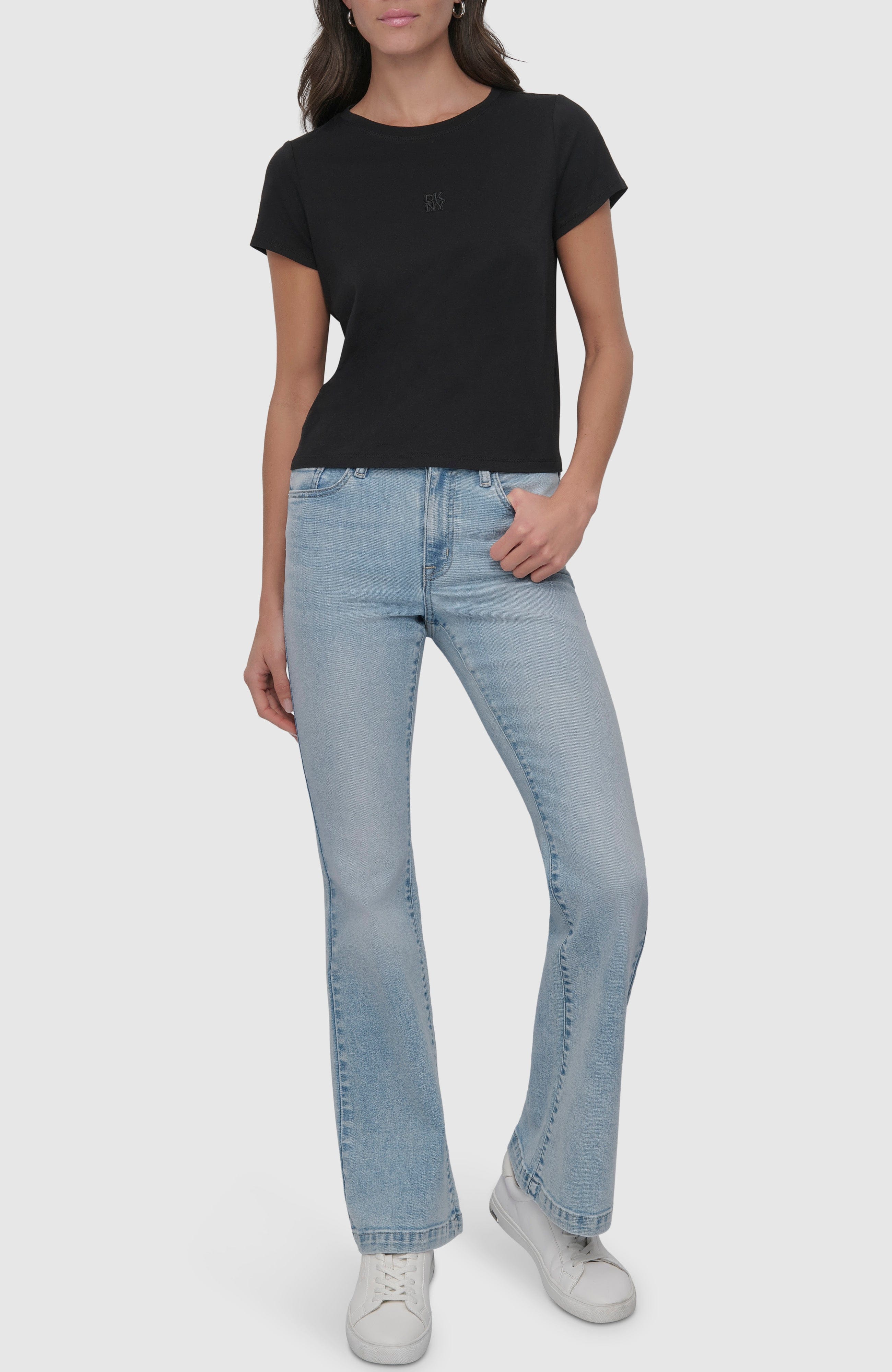 DKNY Women Black Solid Round Neck Tshirt - Image 3