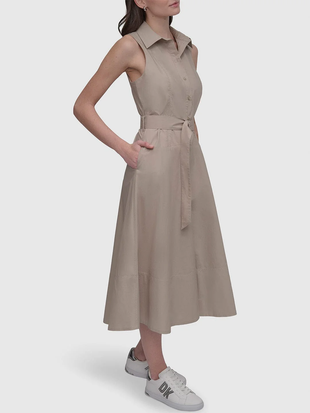 DKNY Women Beige Solid Collar Dress - Image 5