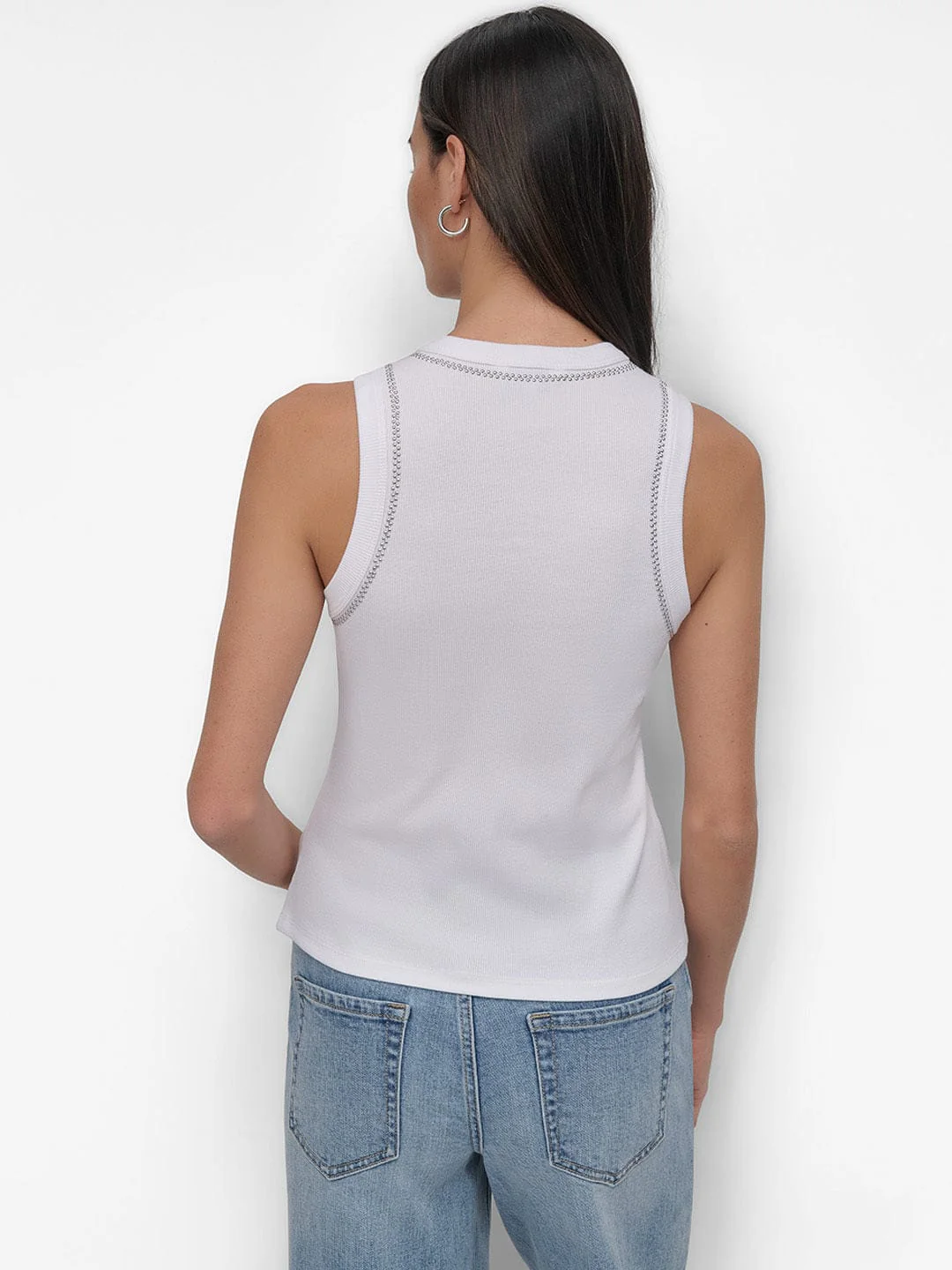 DKNY Women White Embellished Round Neck Top - Image 2