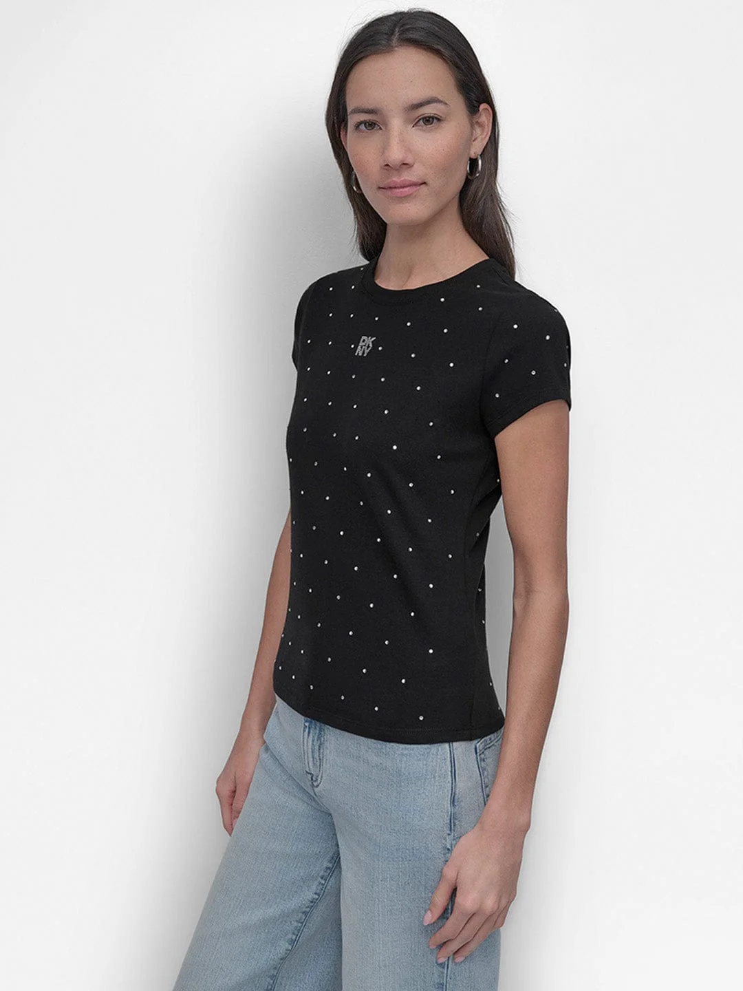 DKNY Women Black Embellished Round Neck Tshirt - Image 7