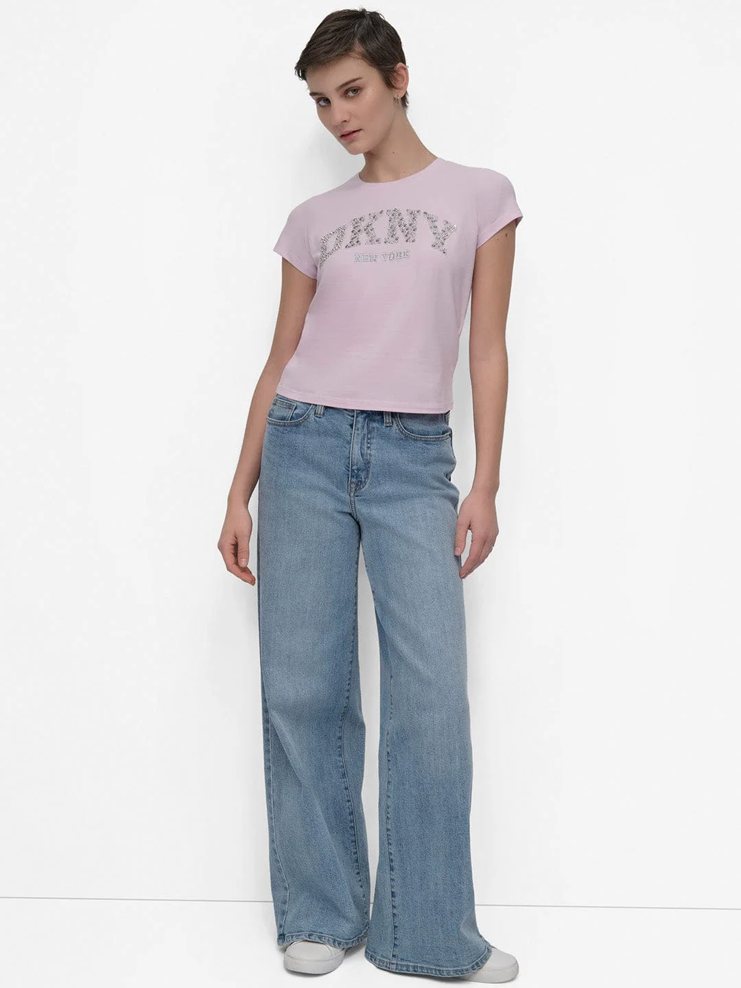 DKNY Women Pink Solid Round Neck Tshirt - Image 4