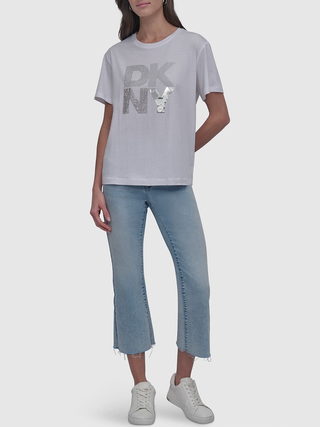 DKNY Women White Solid Round Neck Tshirt - Image 5