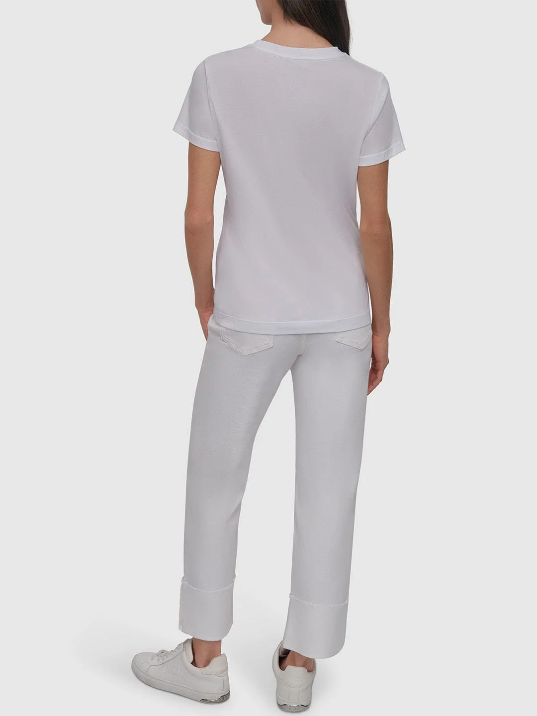 DKNY Women White Embellished Round Neck TShirt - Image 3