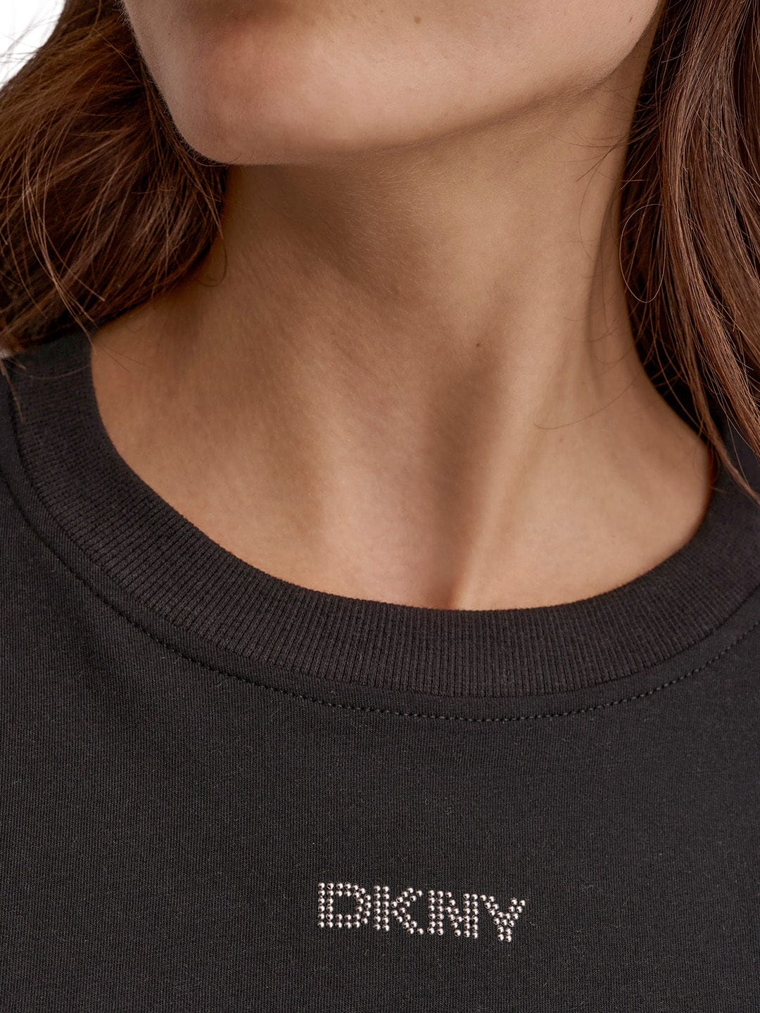 DKNY Women Black Solid Round Neck TShirt - Image 2
