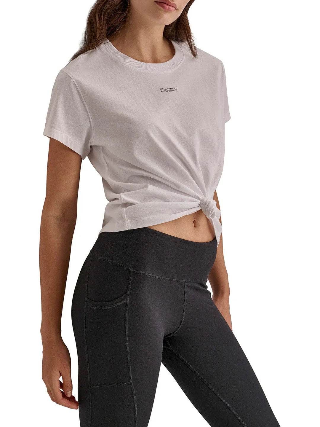 DKNY Women White Solid Round Neck TShirt - Image 5
