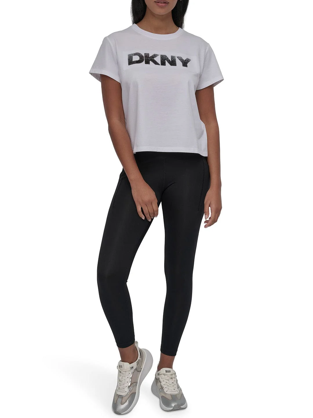 DKNY Women White Solid Round Neck Tshirt - Image 4