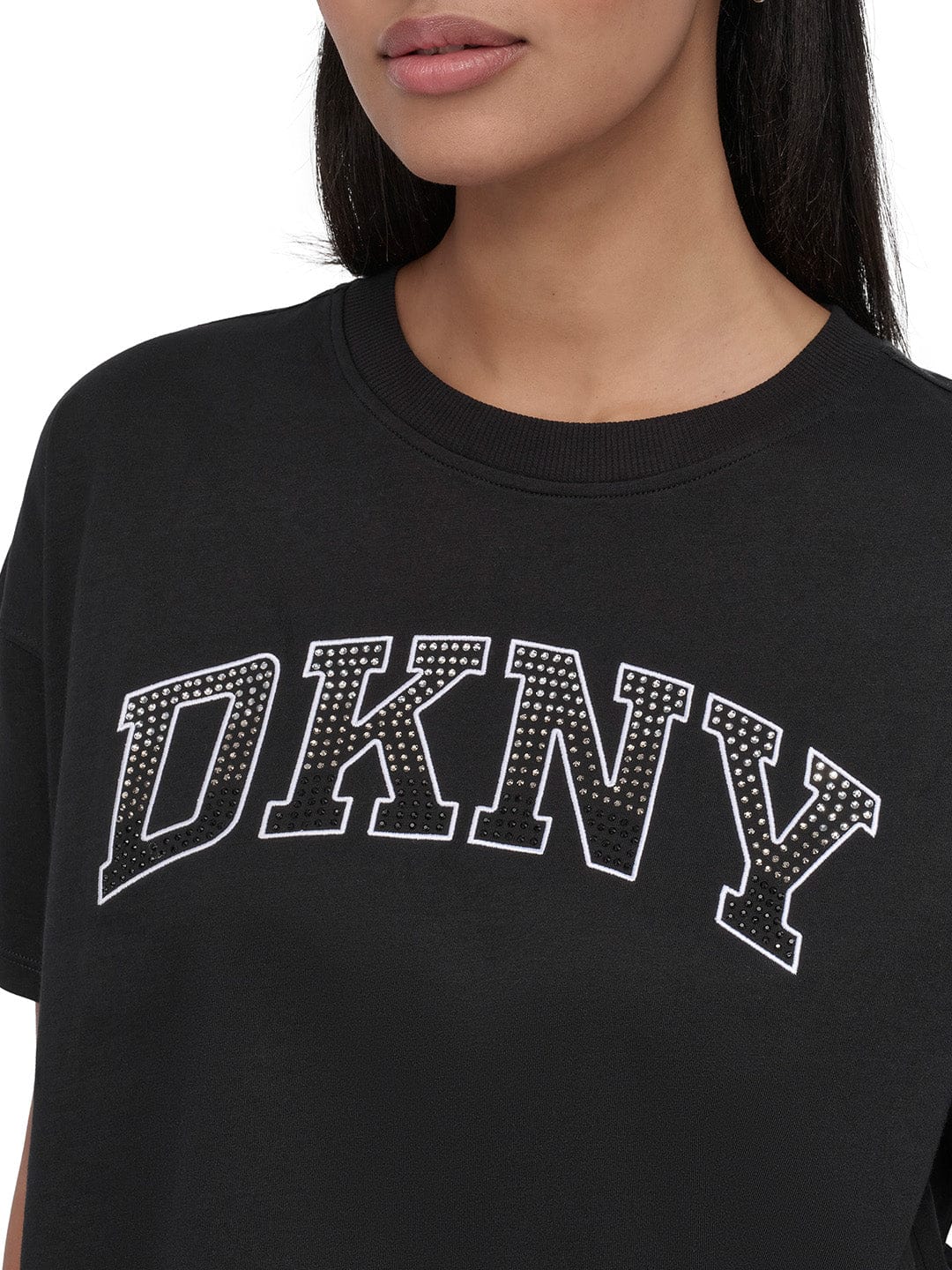 DKNY Women Black Embellished Round Neck Tshirt - Image 2