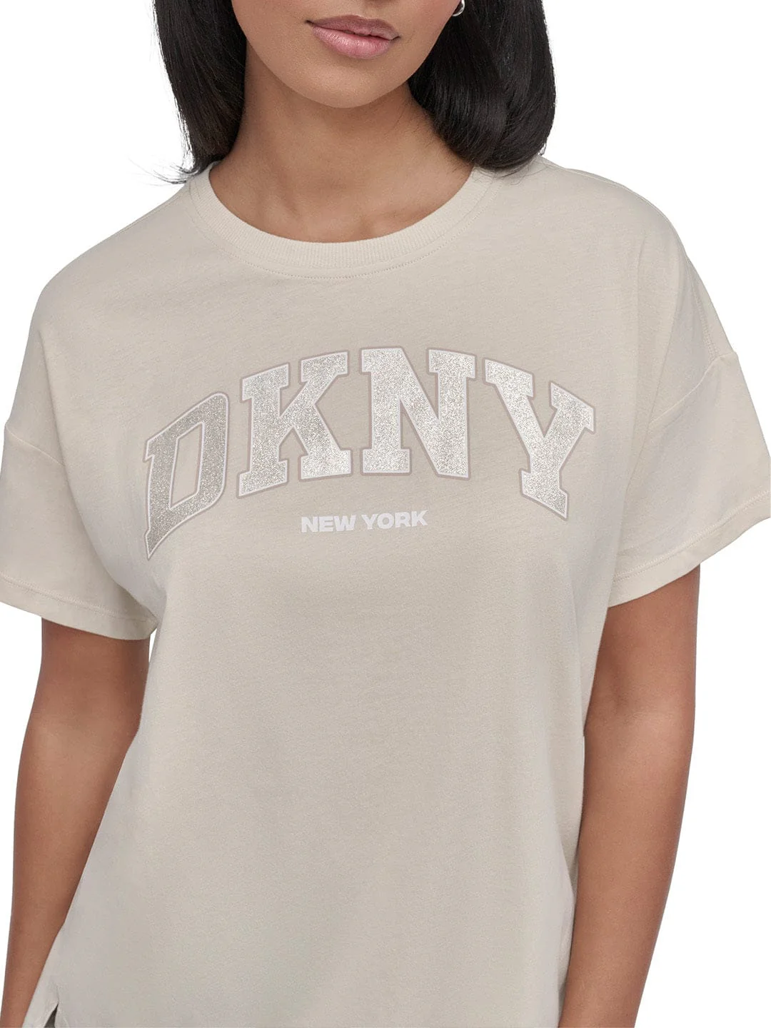 DKNY Women Beige Solid Round Neck TShirt - Image 2