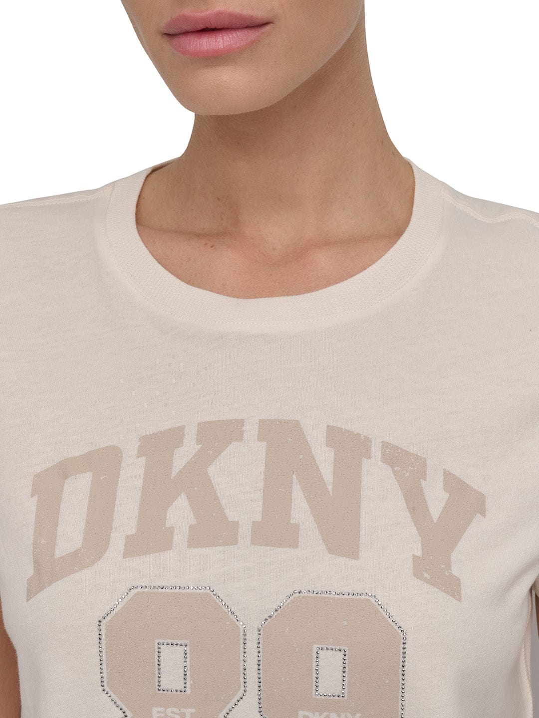 DKNY Women Cream Solid Round Neck Tshirt - Image 2