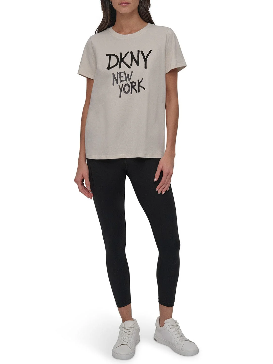 DKNY Women Beige Solid Round Neck TShirt - Image 4