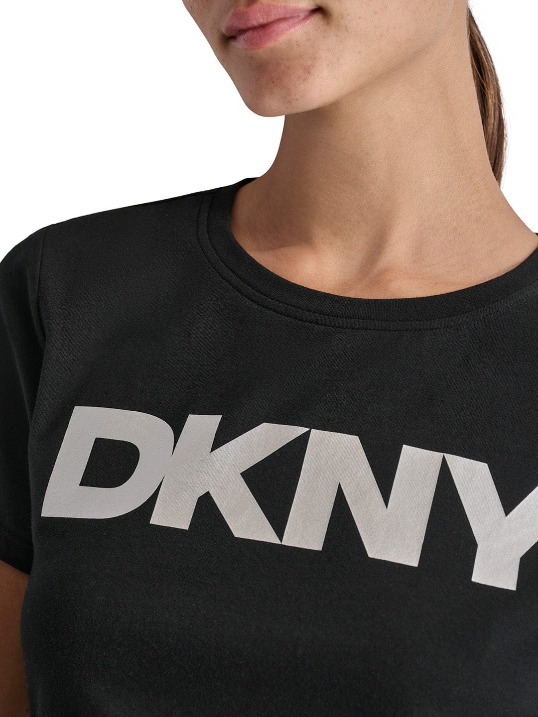 DKNY Women Black Solid Round Neck TShirt - Image 2