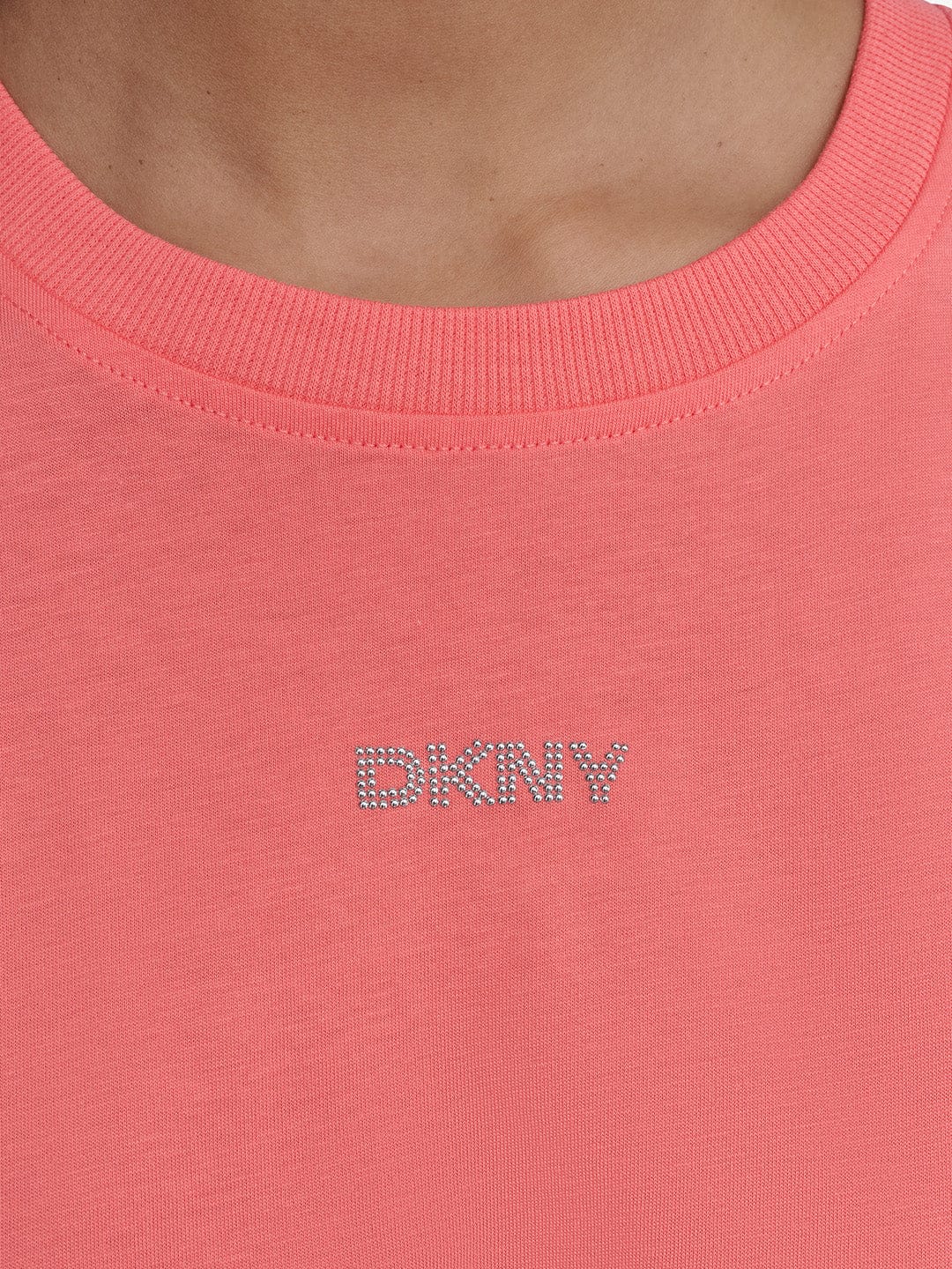 DKNY Women Orange Solid Round Neck Tshirt - Image 3