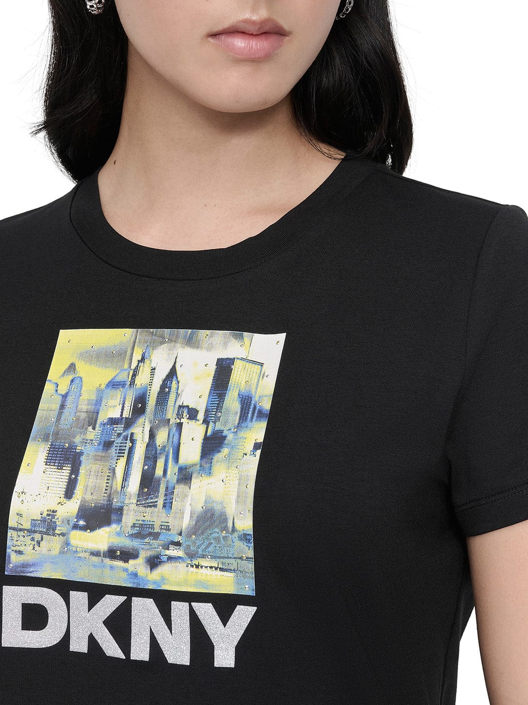 DKNY Women Black Placement Print Round Neck Tshirt - Image 2