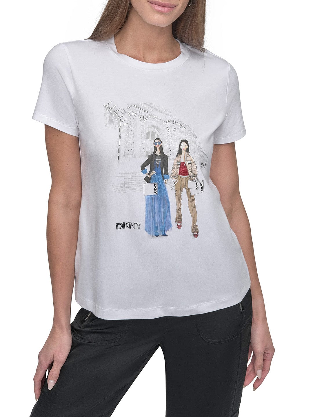 DKNY Women White Placement Print Round Neck Tshirt