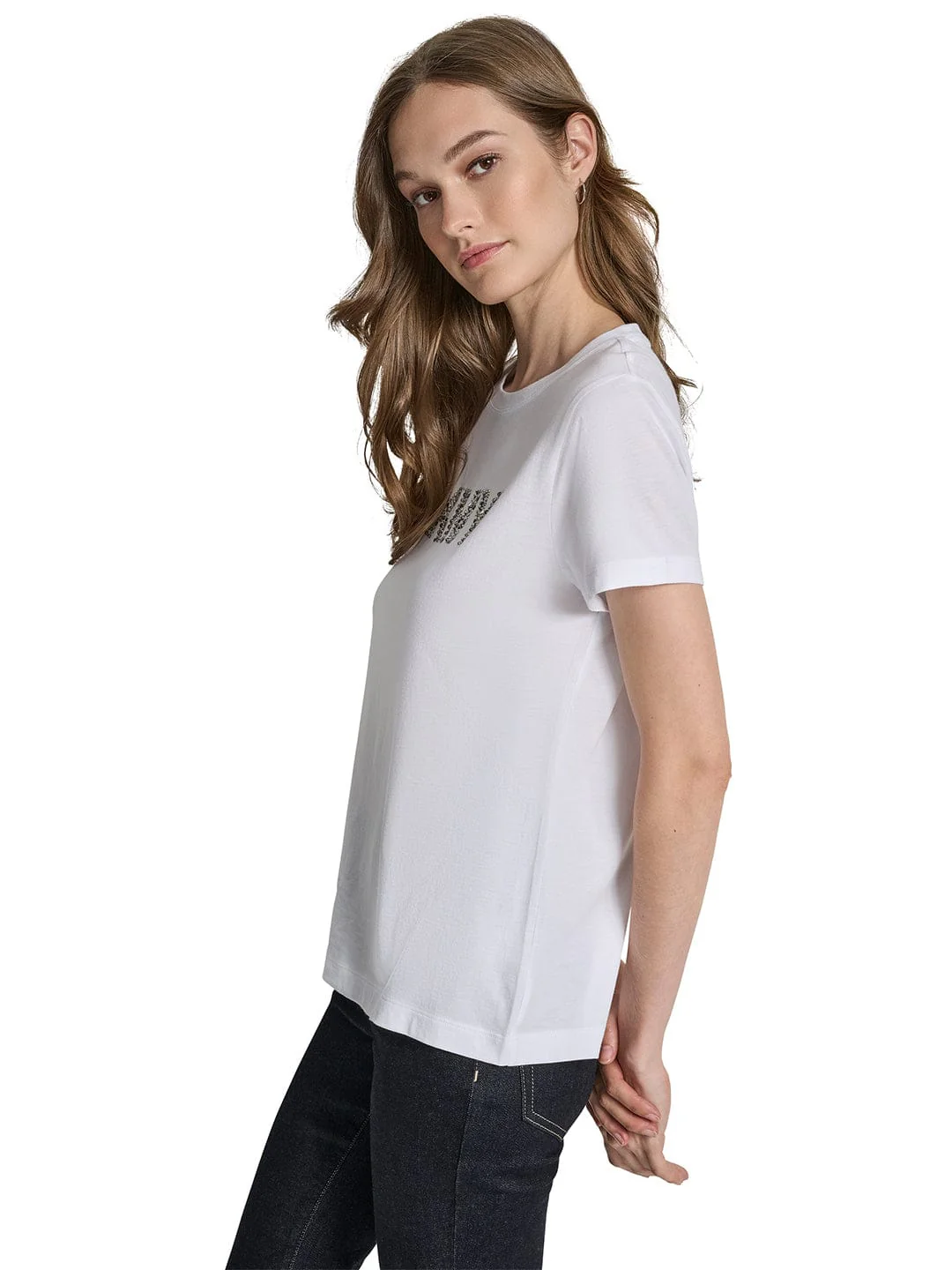 DKNY Women Cream Embroidered Round Neck Tshirt - Image 5