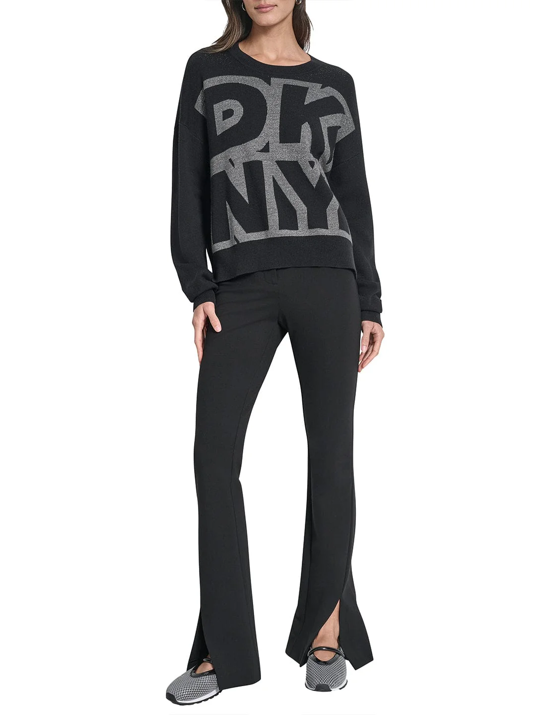 DKNY Women Black Lurex Round Neck Sweater - Image 5
