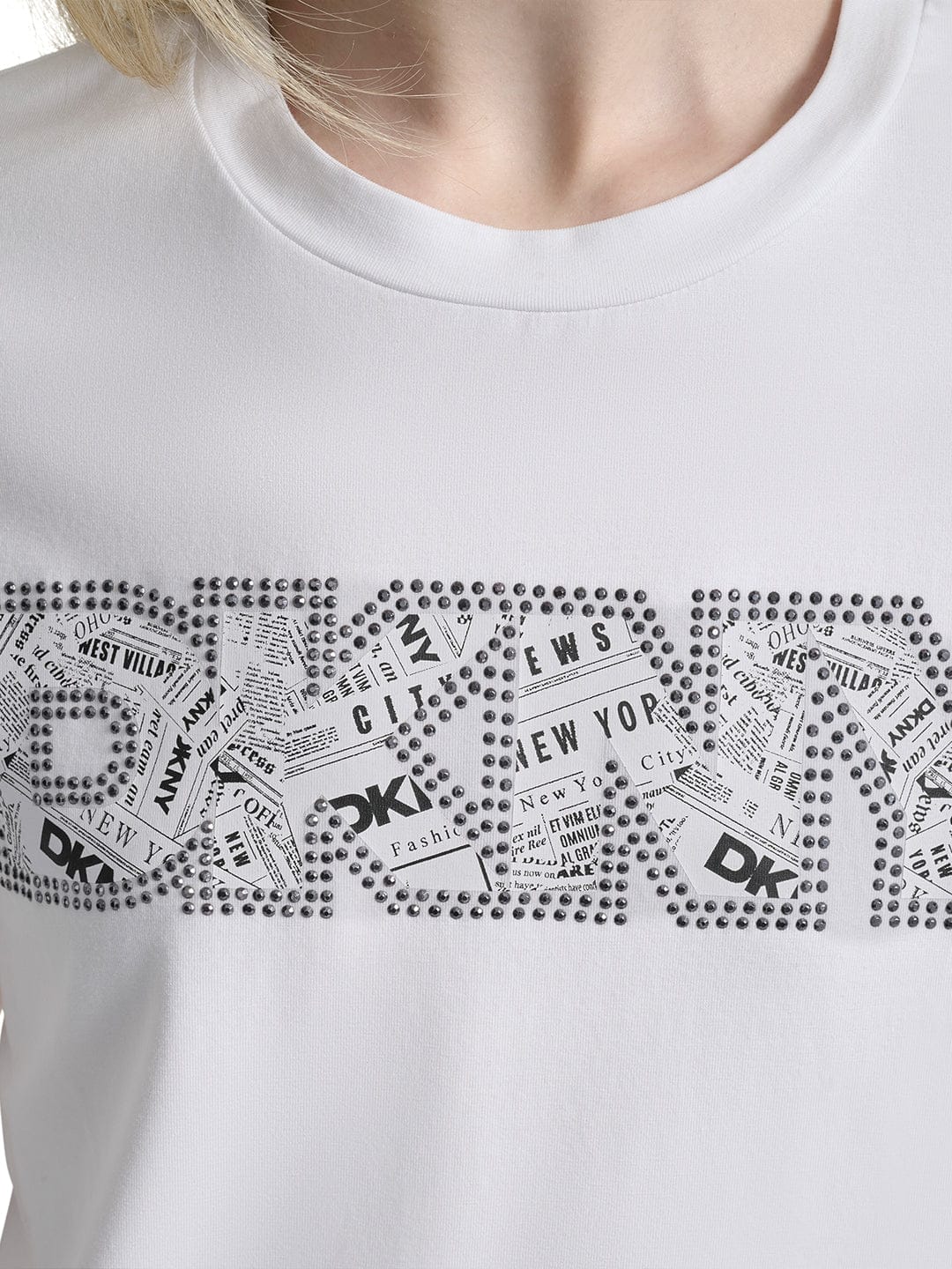 DKNY Women White Solid Round Neck Tshirt - Image 3