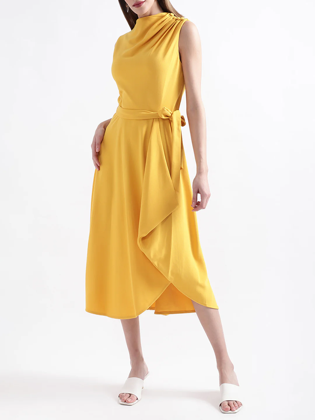 DKNY Women Ochre Solid Round Neck Dress - Image 2