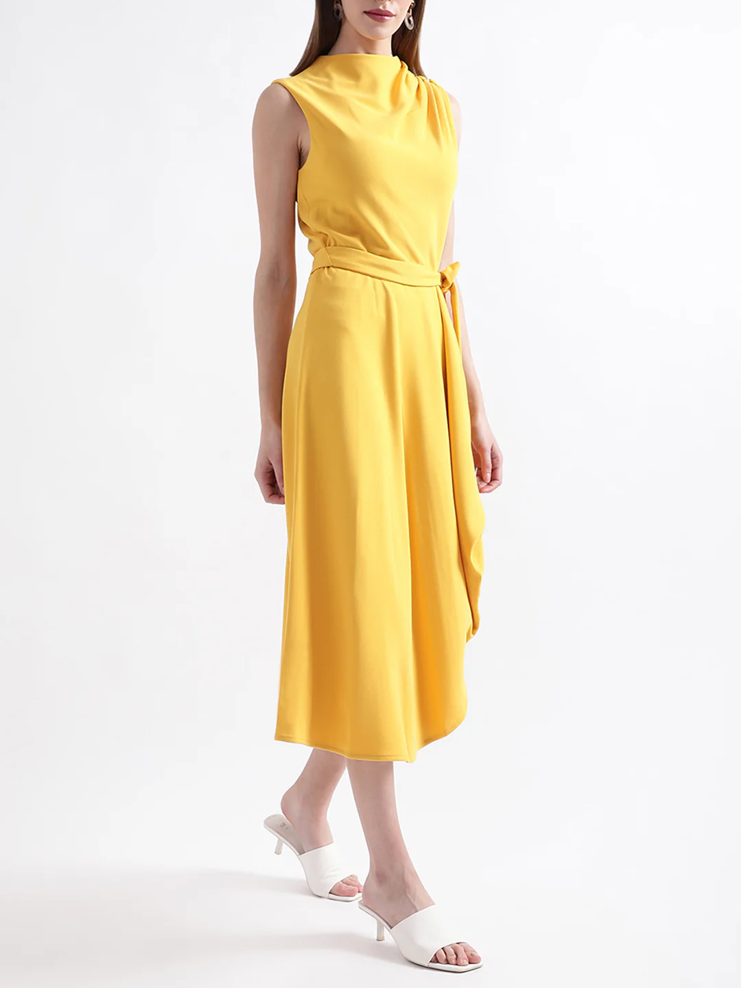 DKNY Women Ochre Solid Round Neck Dress - Image 3