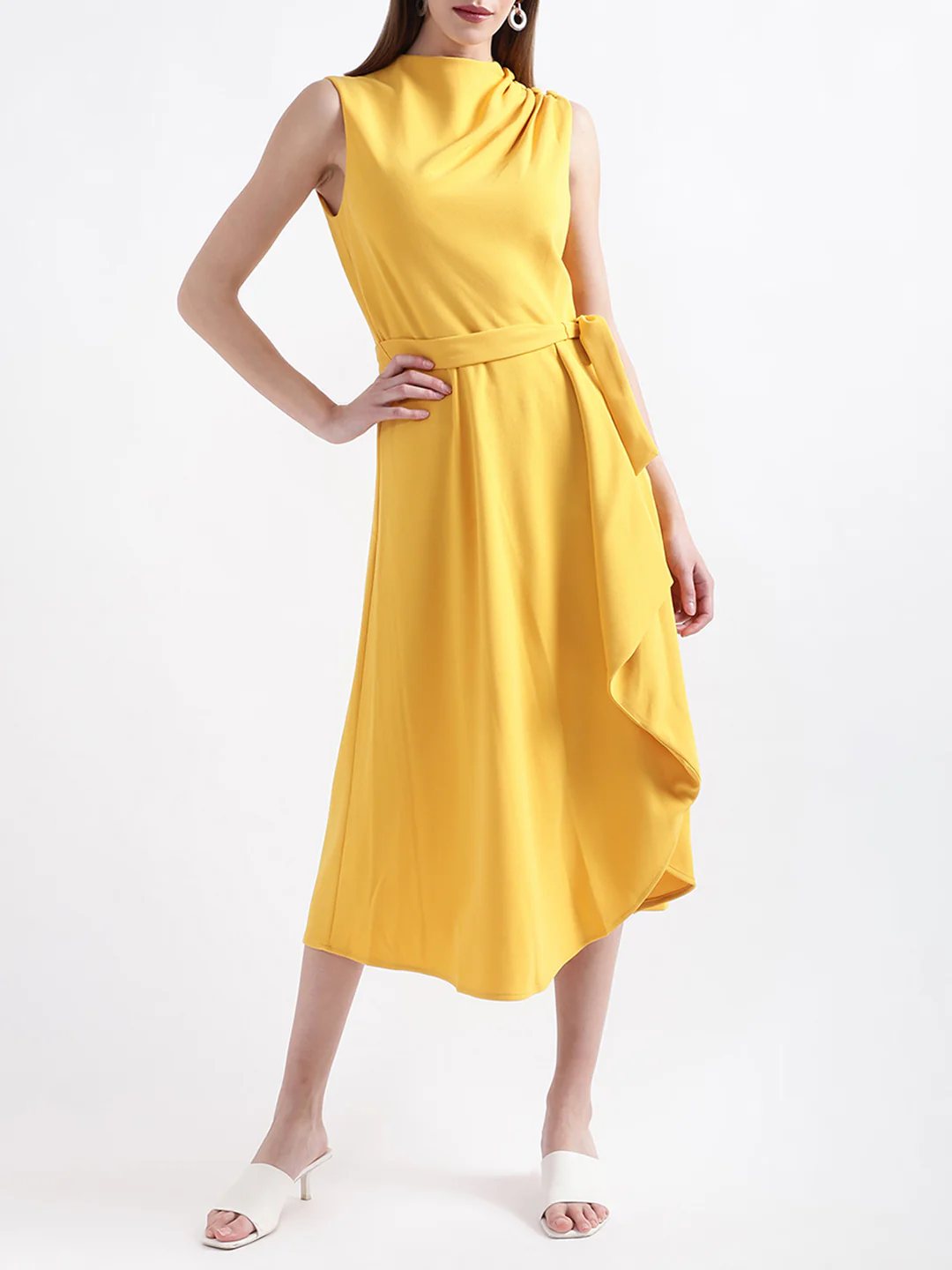 DKNY Women Ochre Solid Round Neck Dress - Image 5