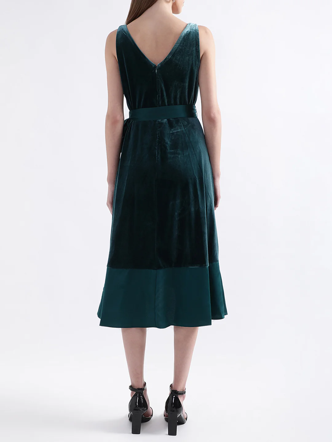 DKNY Women Dark Green Solid V Neck Dress - Image 4