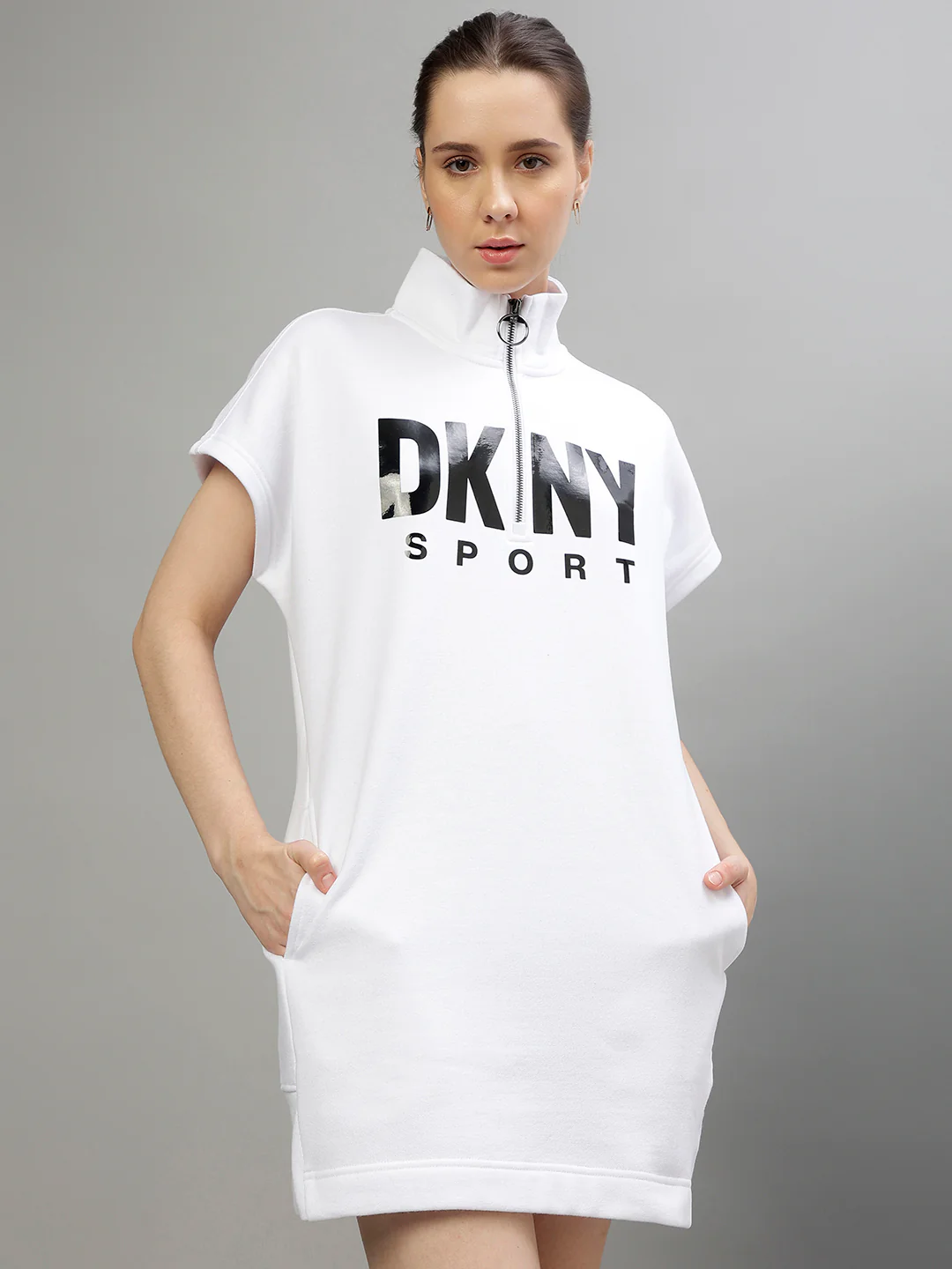 Dkny Women Printed High Neck Short Sleeves Dress - Image 2