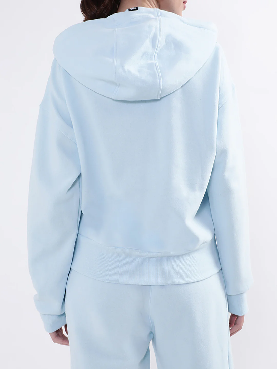 DKNY Women Light Blue Solid Hooded Sweatshirt - Image 2