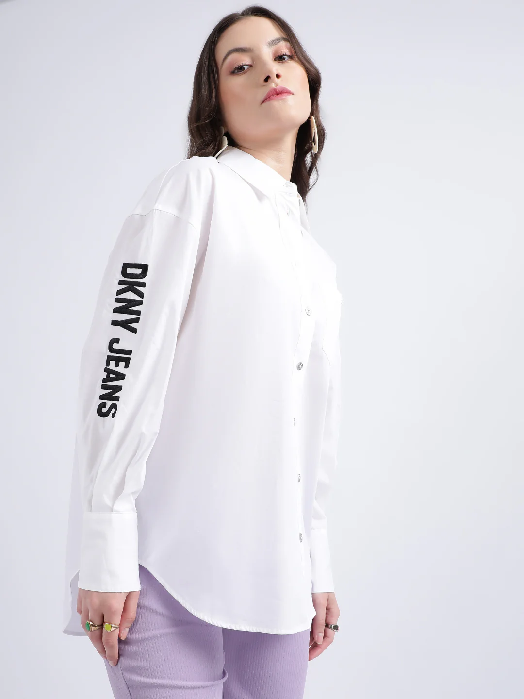 DKNY Women White Solid Collar Shirt - Image 2