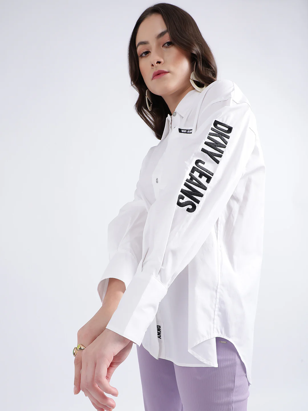 DKNY Women White Solid Collar Shirt - Image 3