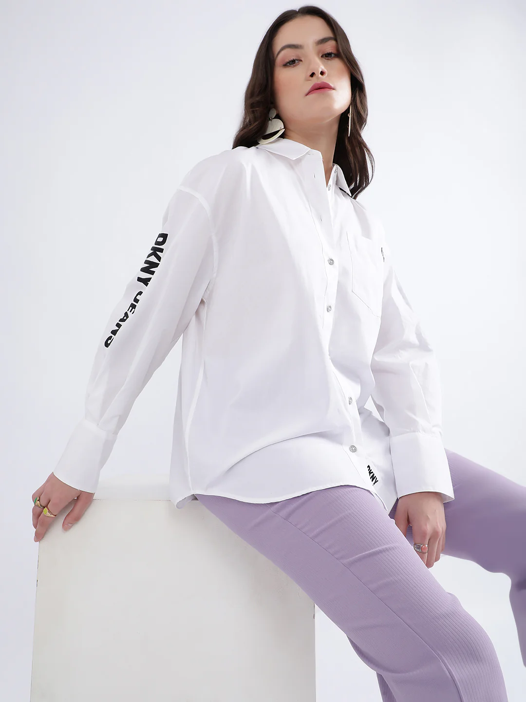 DKNY Women White Solid Collar Shirt - Image 6