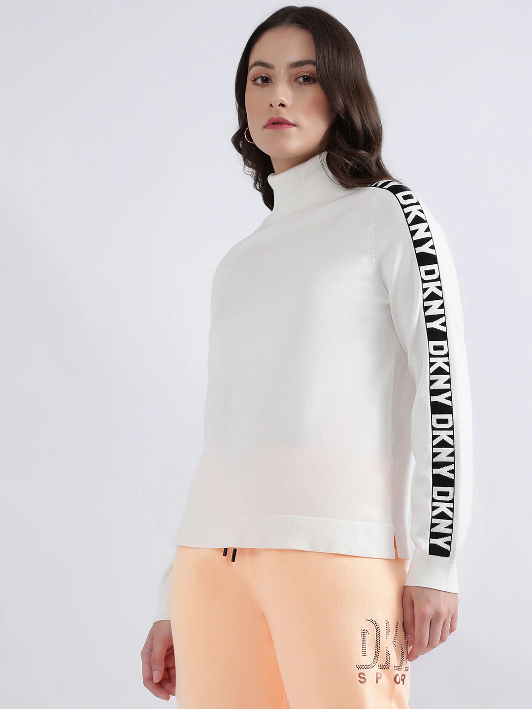 DKNY Women Ivory Printed Turtle Neck Sweater - Image 3