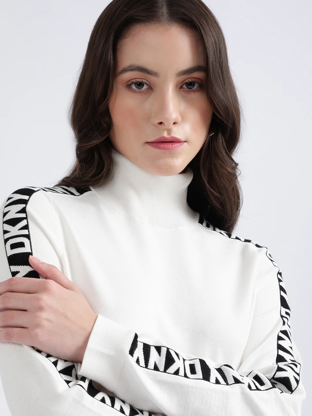 DKNY Women Ivory Printed Turtle Neck Sweater - Image 7