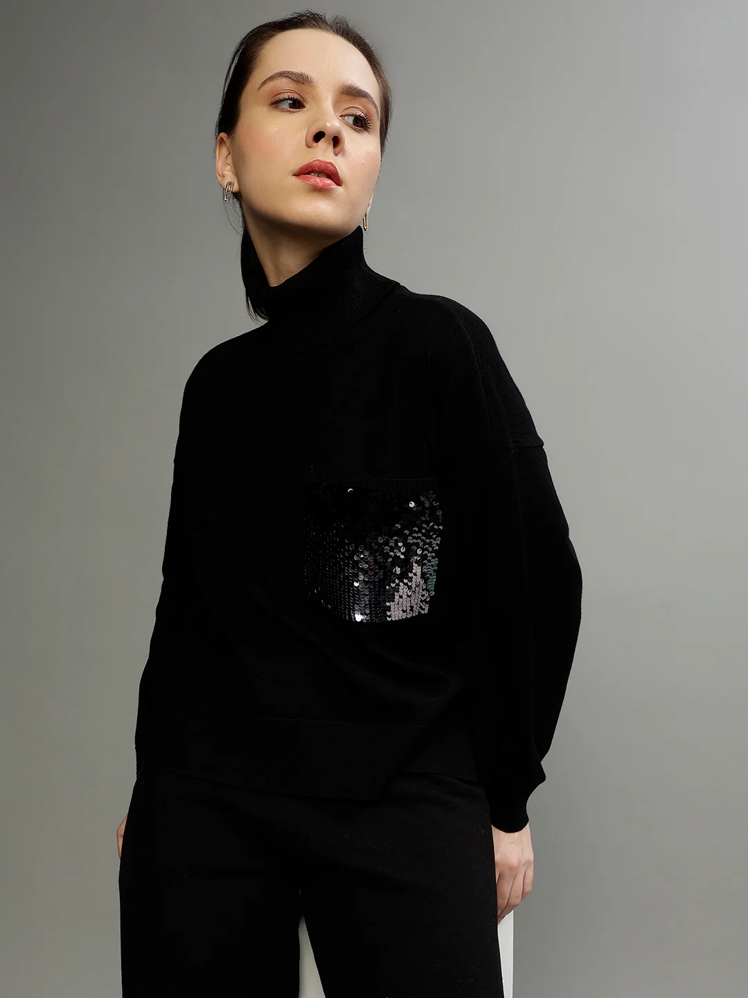 Dkny Women Sequins High Neck Full Sleeves Sweater - Image 2