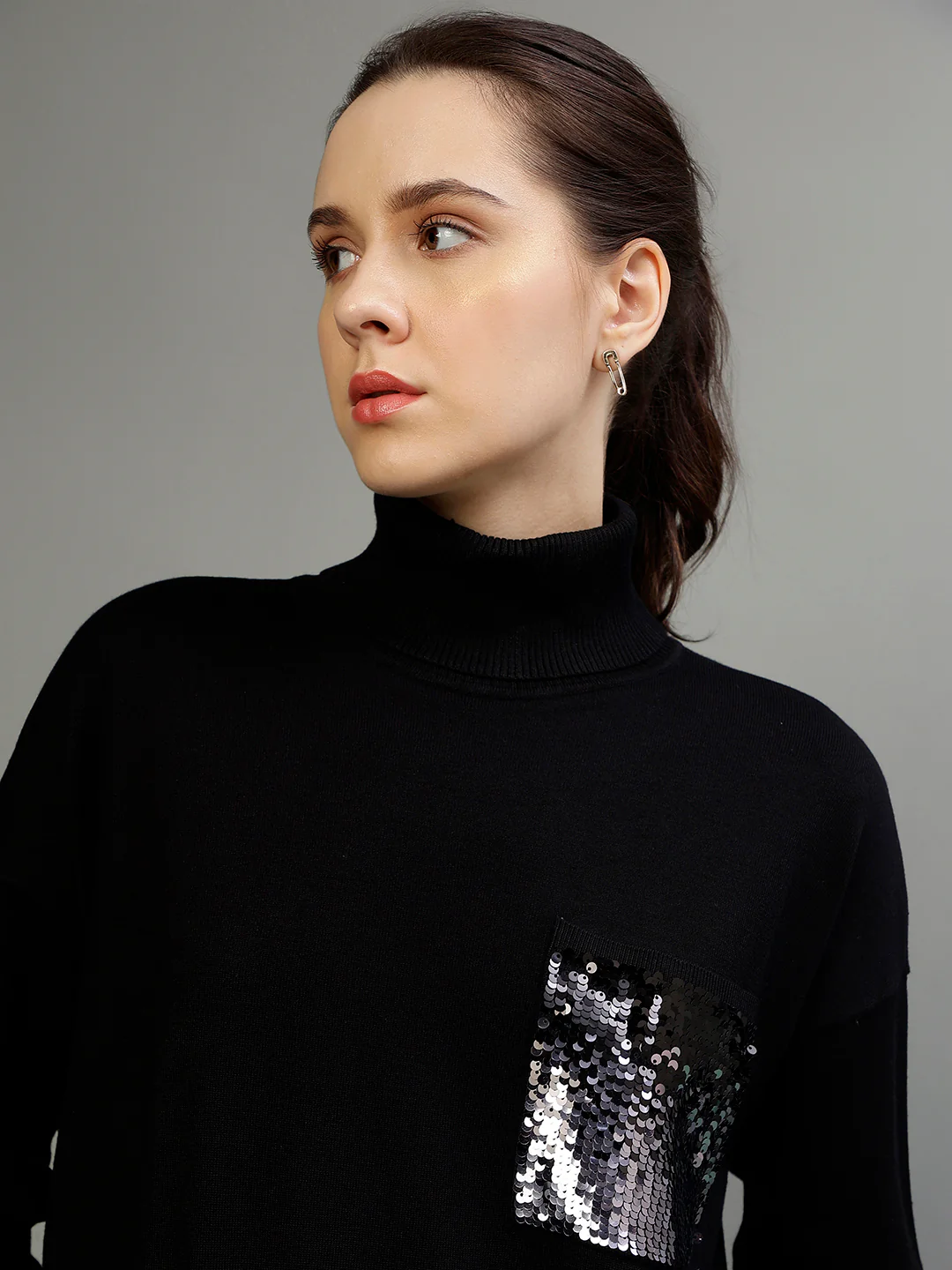 Dkny Women Sequins High Neck Full Sleeves Sweater - Image 6