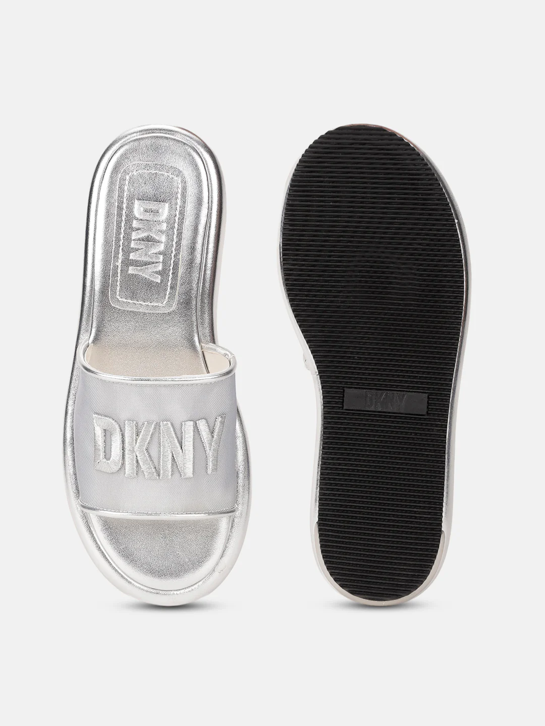 Dkny Women Silver Solid Embroidered Sliders - Image 3