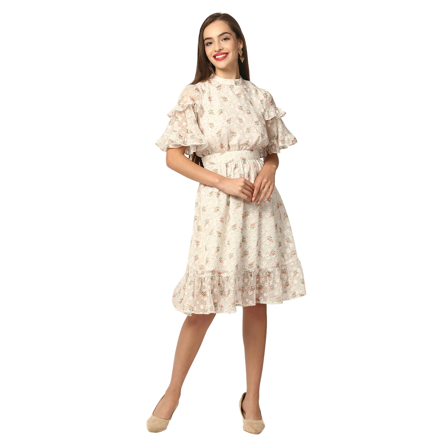 Elle Women Off White Printed Round Neck Dress