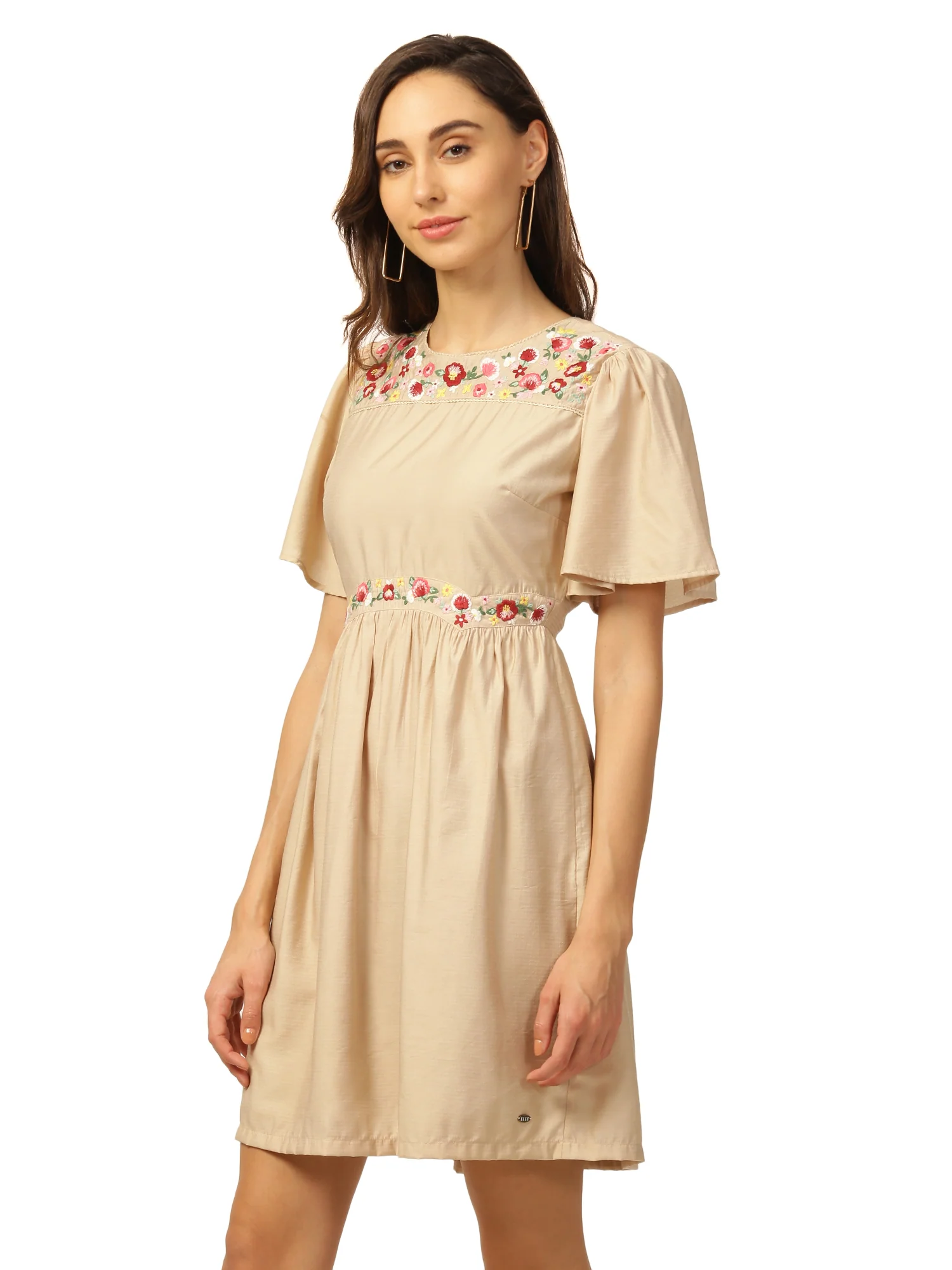 Elle Women Beige Solid Round Neck Dress - Image 3