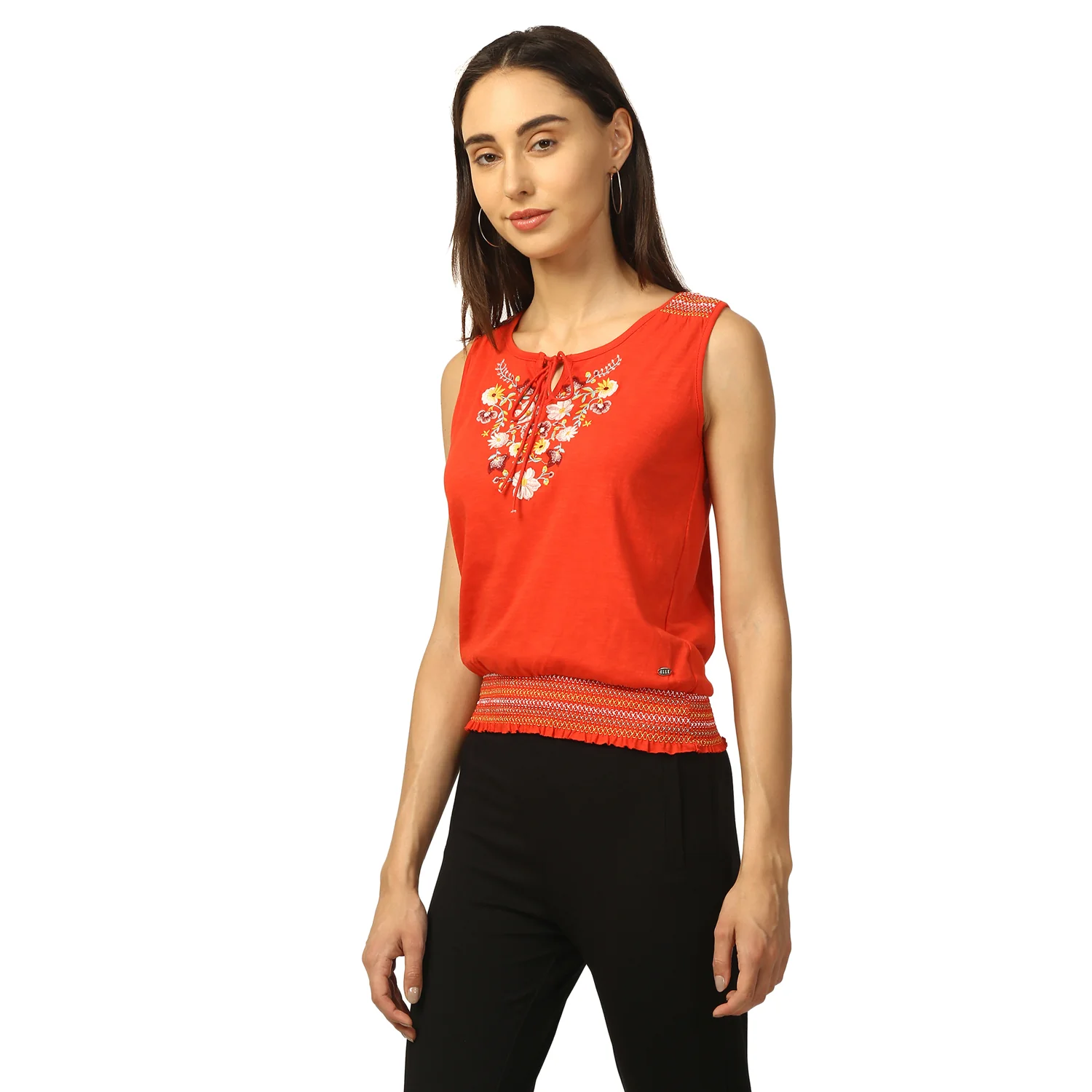 Elle Women Coral Embroidered Round Neck TShirt - Image 2