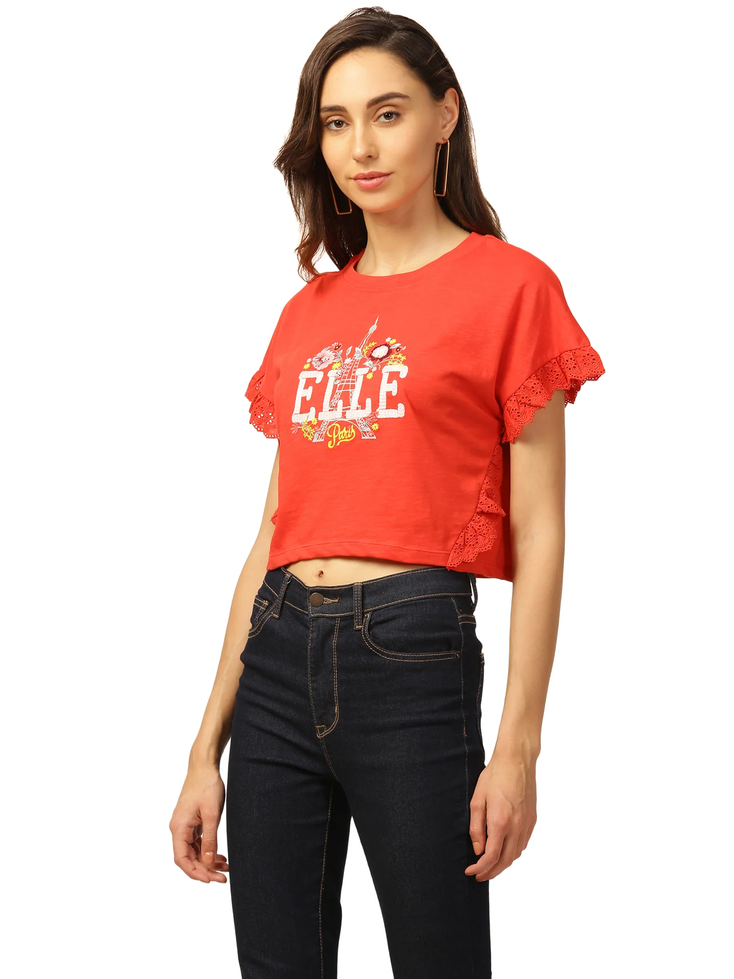 Elle Women Coral Solid Round Neck TShirt - Image 7
